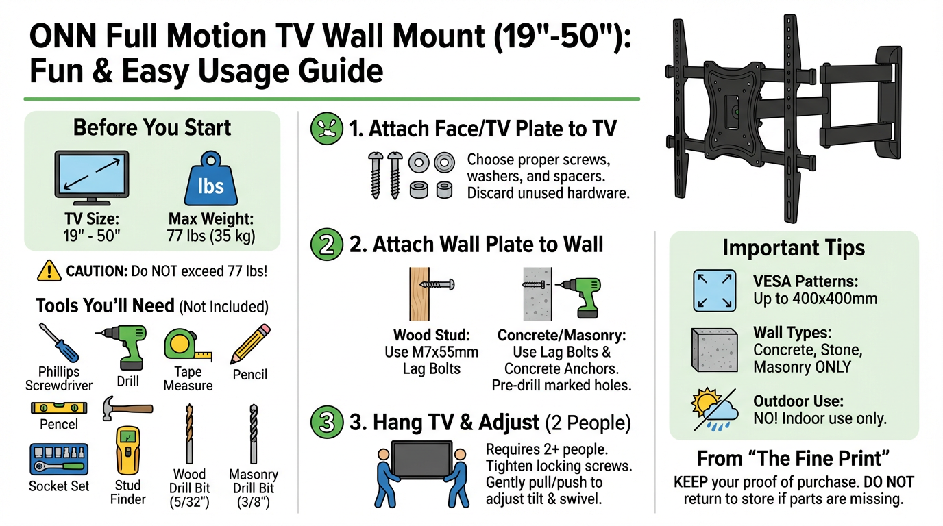 An infographic titled "ONN Full Motion TV Wall Mount (19"-50"): Fun & Easy Usage Guide." It details pre-installation info, required tools, 3 steps for mounting, important tips, and fine print.