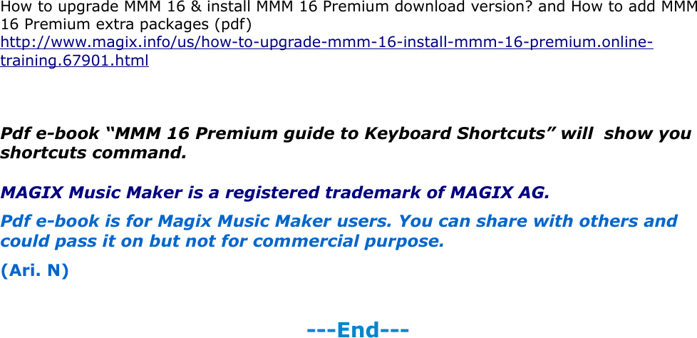 Page 7 of 7 - Magix  Music Maker Premium - 16.0 Keyboard Shortcuts 16