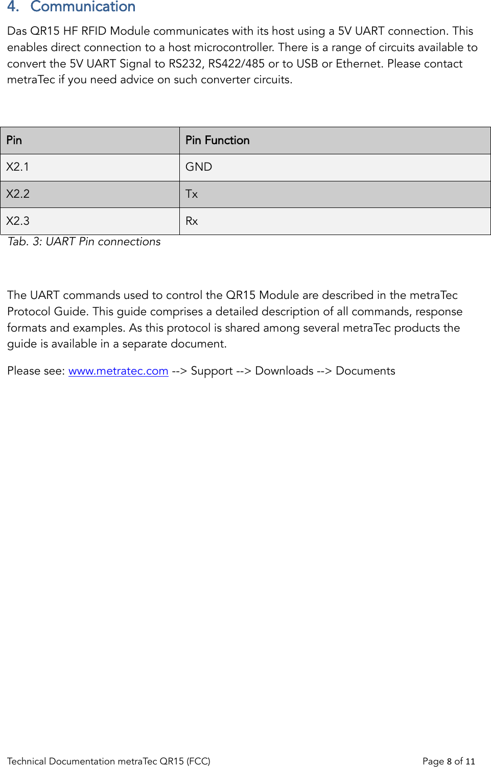 4.  CommunicationDas QR15 HF RFID Module communicates with its host using a 5V UART connection. This enables direct connection to a host microcontroller. There is a range of circuits available to convert the 5V UART Signal to RS232, RS422/485 or to USB or Ethernet. Please contact metraTec if you need advice on such converter circuits.Pin Pin FunctionX2.1 GNDX2.2 TxX2.3 RxTab. 3: UART Pin connectionsThe UART commands used to control the QR15 Module are described in the metraTec Protocol Guide. This guide comprises a detailed description of all commands, response formats and examples. As this protocol is shared among several metraTec products the guide is available in a separate document. Please see: www.metratec.com --&gt; Support --&gt; Downloads --&gt; DocumentsTechnical Documentation metraTec QR15 (FCC)                                                                          Page 8 of 11