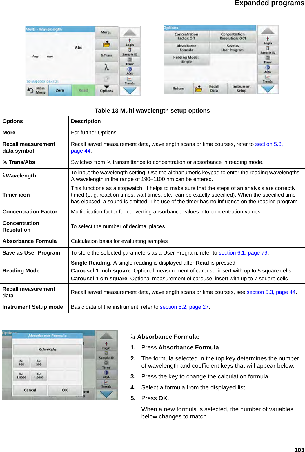 103Expanded programs/ Absorbance Formula:1. Press Absorbance Formula. 2. The formula selected in the top key determines the number of wavelength and coefficient keys that will appear below. 3. Press the key to change the calculation formula.4. Select a formula from the displayed list.5. Press OK. When a new formula is selected, the number of variables below changes to match.Table 13 Multi wavelength setup optionsOptions DescriptionMore For further OptionsRecall measurement data symbol Recall saved measurement data, wavelength scans or time courses, refer to section 5.3, page 44.% Trans/Abs Switches from % transmittance to concentration or absorbance in reading mode.Wavelength To input the wavelength setting. Use the alphanumeric keypad to enter the reading wavelengths. A wavelength in the range of 190–1100 nm can be entered.Timer icon This functions as a stopwatch. It helps to make sure that the steps of an analysis are correctly timed (e. g. reaction times, wait times, etc., can be exactly specified). When the specified time has elapsed, a sound is emitted. The use of the timer has no influence on the reading program.Concentration Factor Multiplication factor for converting absorbance values into concentration values.Concentration Resolution To select the number of decimal places.Absorbance Formula Calculation basis for evaluating samplesSave as User Program To store the selected parameters as a User Program, refer to section 6.1, page 79.Reading ModeSingle Reading: A single reading is displayed after Read is pressed.Carousel 1 inch square: Optional measurement of carousel insert with up to 5 square cells.Carousel 1 cm square: Optional measurement of carousel insert with up to 7 square cells.Recall measurement data Recall saved measurement data, wavelength scans or time courses, see section 5.3, page 44.Instrument Setup mode Basic data of the instrument, refer to section 5.2, page 27.