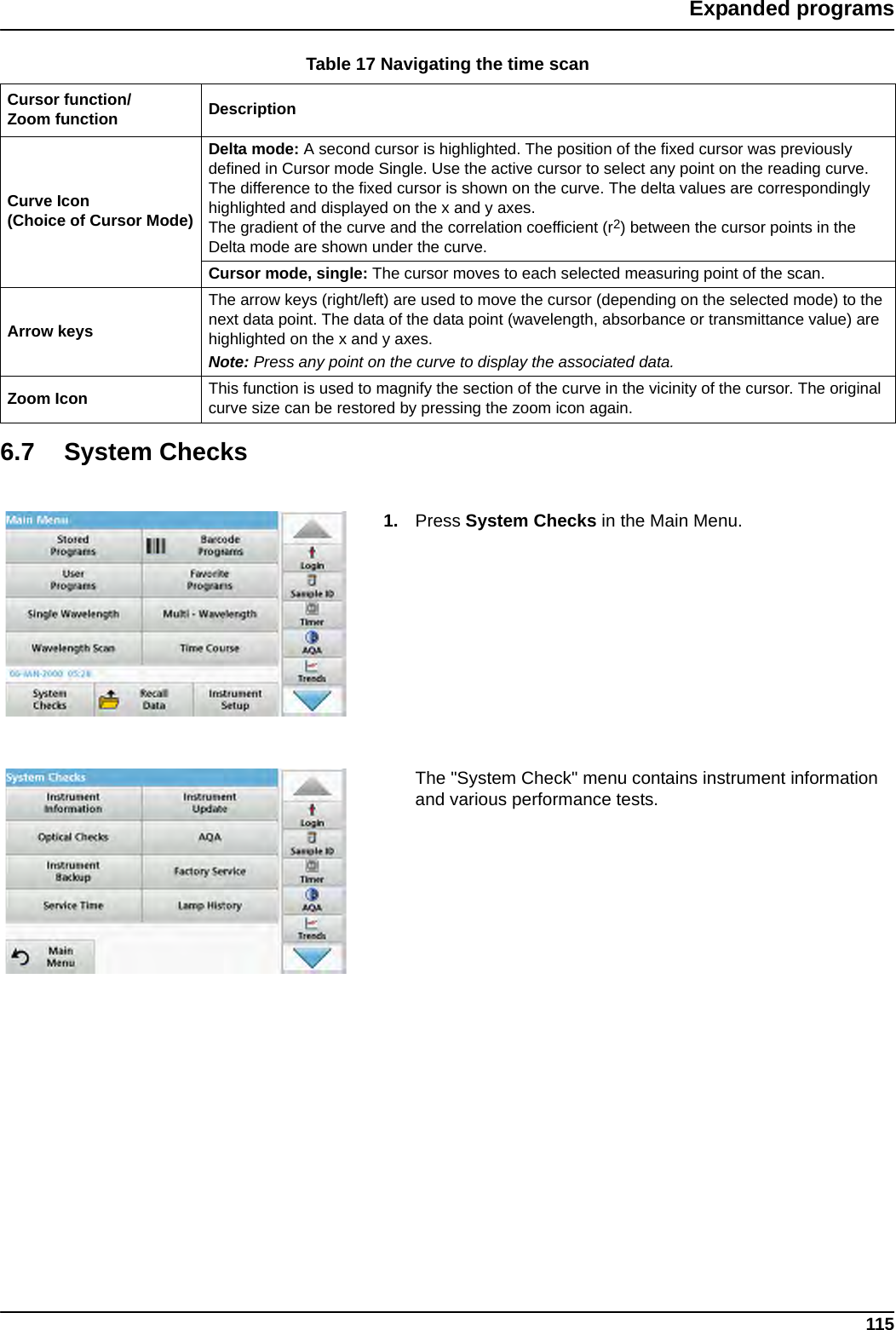 115Expanded programs6.7 System Checks1. Press System Checks in the Main Menu.The &quot;System Check&quot; menu contains instrument information and various performance tests.Table 17 Navigating the time scanCursor function/Zoom function DescriptionCurve Icon(Choice of Cursor Mode)Delta mode: A second cursor is highlighted. The position of the fixed cursor was previously defined in Cursor mode Single. Use the active cursor to select any point on the reading curve. The difference to the fixed cursor is shown on the curve. The delta values are correspondingly highlighted and displayed on the x and y axes.The gradient of the curve and the correlation coefficient (r2) between the cursor points in the Delta mode are shown under the curve.Cursor mode, single: The cursor moves to each selected measuring point of the scan.Arrow keysThe arrow keys (right/left) are used to move the cursor (depending on the selected mode) to the next data point. The data of the data point (wavelength, absorbance or transmittance value) are highlighted on the x and y axes.Note: Press any point on the curve to display the associated data.Zoom Icon This function is used to magnify the section of the curve in the vicinity of the cursor. The original curve size can be restored by pressing the zoom icon again.