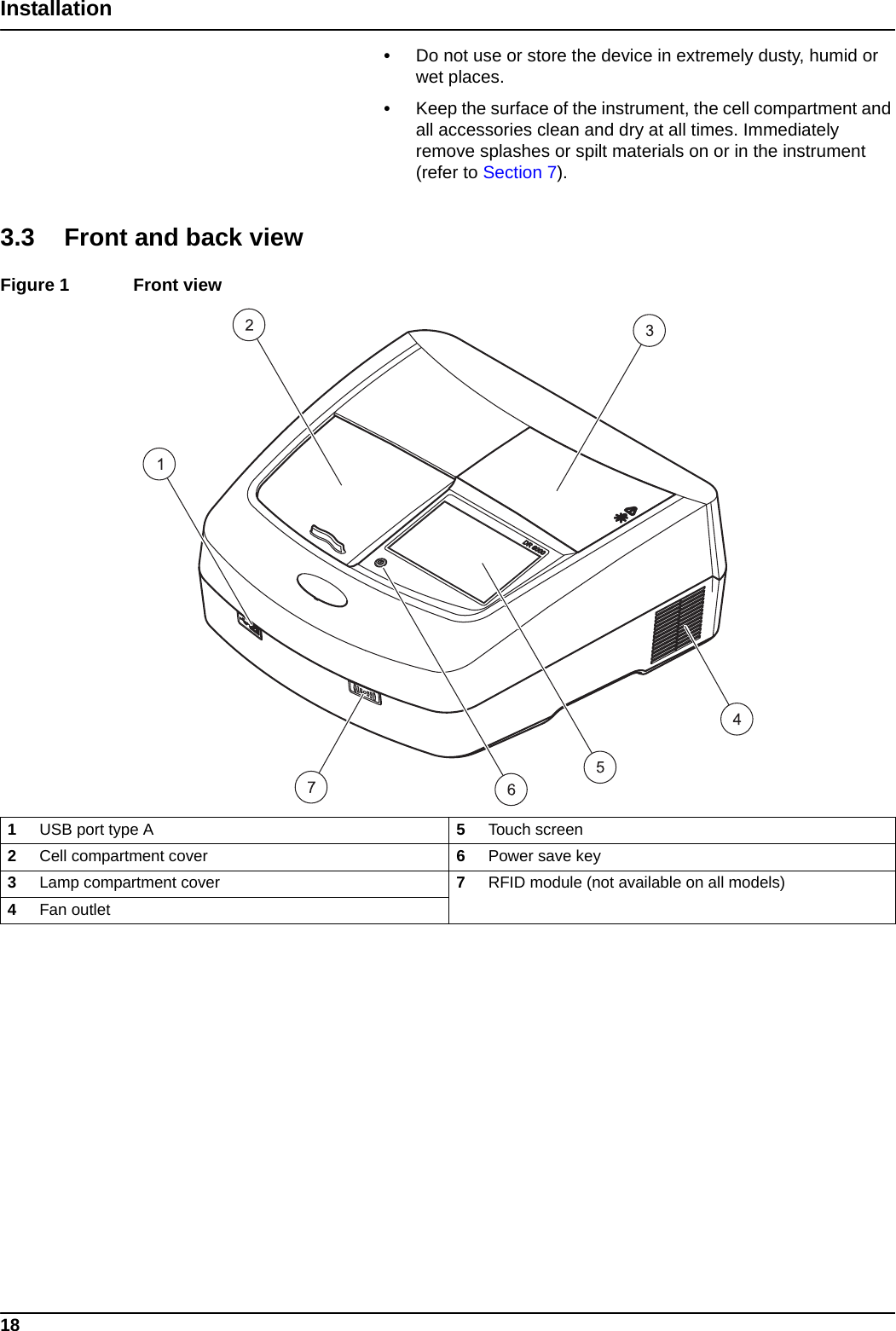 18Installation•Do not use or store the device in extremely dusty, humid or wet places.•Keep the surface of the instrument, the cell compartment and all accessories clean and dry at all times. Immediately remove splashes or spilt materials on or in the instrument (refer to Section 7).3.3 Front and back viewFigure 1  Front view  1USB port type A 5Touch screen2Cell compartment cover 6Power save key3Lamp compartment cover  7RFID module (not available on all models)4Fan outlet