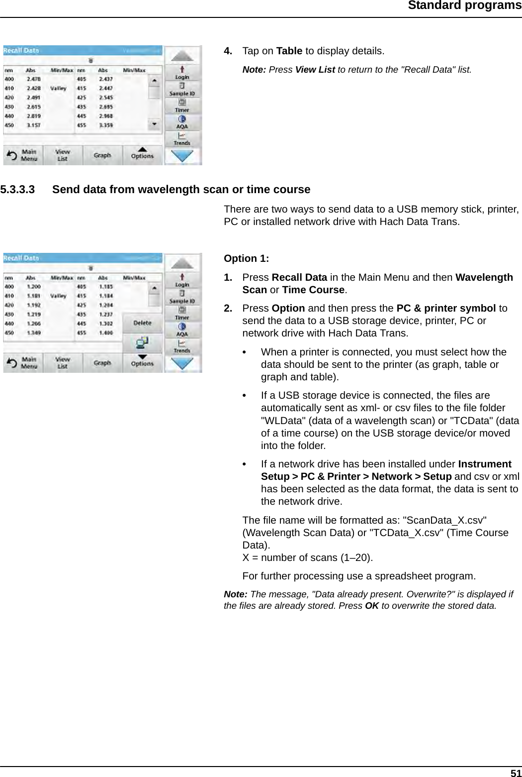 51Standard programs4. Tap on Table to display details.Note: Press View List to return to the &quot;Recall Data&quot; list.5.3.3.3 Send data from wavelength scan or time courseThere are two ways to send data to a USB memory stick, printer, PC or installed network drive with Hach Data Trans.Option 1: 1. Press Recall Data in the Main Menu and then Wavelength Scan or Time Course. 2. Press Option and then press the PC &amp; printer symbol to send the data to a USB storage device, printer, PC or network drive with Hach Data Trans.•When a printer is connected, you must select how the data should be sent to the printer (as graph, table or graph and table).•If a USB storage device is connected, the files are automatically sent as xml- or csv files to the file folder &quot;WLData&quot; (data of a wavelength scan) or &quot;TCData&quot; (data of a time course) on the USB storage device/or moved into the folder.•If a network drive has been installed under Instrument Setup &gt; PC &amp; Printer &gt; Network &gt; Setup and csv or xml has been selected as the data format, the data is sent to the network drive.The file name will be formatted as: &quot;ScanData_X.csv&quot; (Wavelength Scan Data) or &quot;TCData_X.csv&quot; (Time Course Data).X = number of scans (1–20).For further processing use a spreadsheet program.Note: The message, &quot;Data already present. Overwrite?&quot; is displayed if the files are already stored. Press OK to overwrite the stored data.