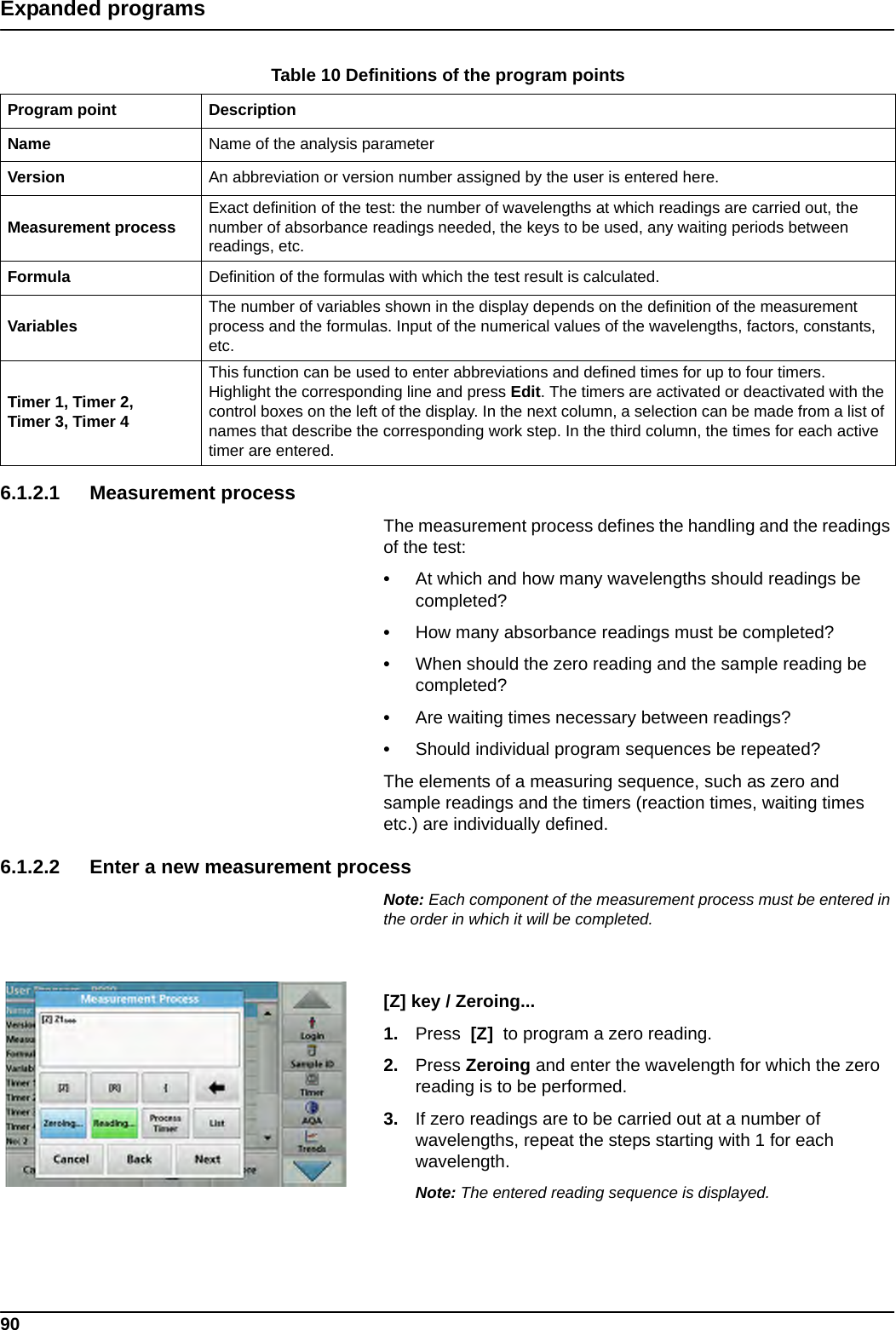 90Expanded programs6.1.2.1 Measurement process The measurement process defines the handling and the readings of the test: •At which and how many wavelengths should readings be completed?•How many absorbance readings must be completed? •When should the zero reading and the sample reading be completed? •Are waiting times necessary between readings? •Should individual program sequences be repeated?The elements of a measuring sequence, such as zero and sample readings and the timers (reaction times, waiting times etc.) are individually defined.6.1.2.2 Enter a new measurement process Note: Each component of the measurement process must be entered in the order in which it will be completed.[Z] key / Zeroing... 1. Press  [Z]  to program a zero reading. 2. Press Zeroing and enter the wavelength for which the zero reading is to be performed.3. If zero readings are to be carried out at a number of wavelengths, repeat the steps starting with 1 for each wavelength. Note: The entered reading sequence is displayed.Table 10 Definitions of the program pointsProgram point DescriptionName Name of the analysis parameter Version An abbreviation or version number assigned by the user is entered here.Measurement process Exact definition of the test: the number of wavelengths at which readings are carried out, the number of absorbance readings needed, the keys to be used, any waiting periods between readings, etc.Formula Definition of the formulas with which the test result is calculated.Variables The number of variables shown in the display depends on the definition of the measurement process and the formulas. Input of the numerical values of the wavelengths, factors, constants, etc.Timer 1, Timer 2, Timer 3, Timer 4This function can be used to enter abbreviations and defined times for up to four timers. Highlight the corresponding line and press Edit. The timers are activated or deactivated with the control boxes on the left of the display. In the next column, a selection can be made from a list of names that describe the corresponding work step. In the third column, the times for each active timer are entered.