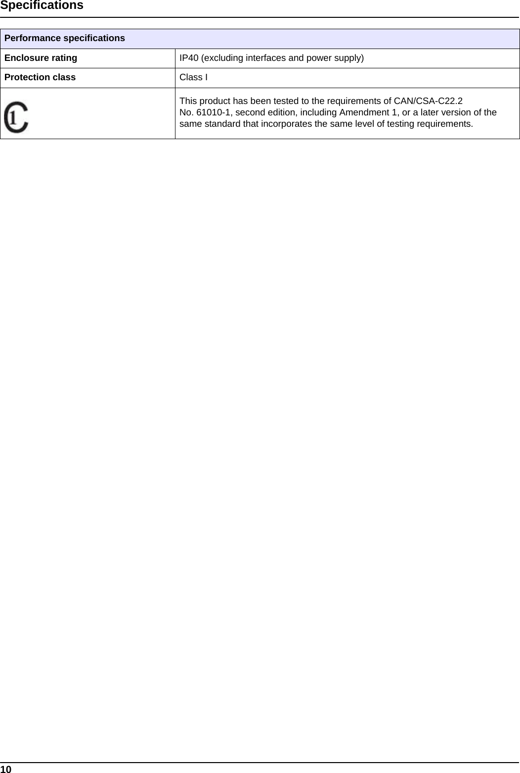 10SpecificationsEnclosure rating IP40 (excluding interfaces and power supply)Protection class Class IThis product has been tested to the requirements of CAN/CSA-C22.2 No. 61010-1, second edition, including Amendment 1, or a later version of the same standard that incorporates the same level of testing requirements.Performance specifications