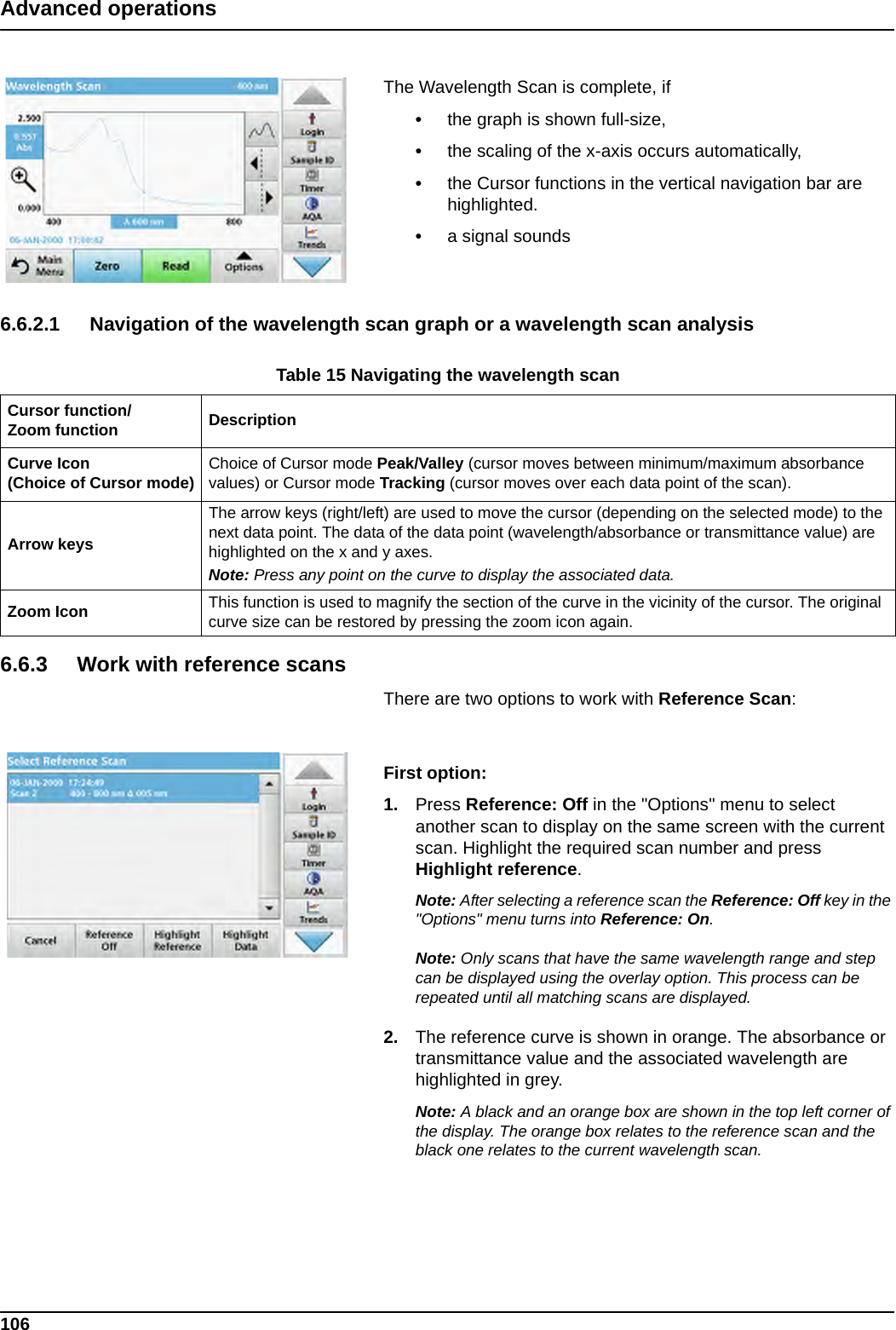 106Advanced operationsThe Wavelength Scan is complete, if•the graph is shown full-size,•the scaling of the x-axis occurs automatically,•the Cursor functions in the vertical navigation bar are highlighted.•a signal sounds6.6.2.1 Navigation of the wavelength scan graph or a wavelength scan analysis6.6.3 Work with reference scansThere are two options to work with Reference Scan:First option:1. Press Reference: Off in the &quot;Options&quot; menu to select another scan to display on the same screen with the current scan. Highlight the required scan number and press Highlight reference.Note: After selecting a reference scan the Reference: Off key in the &quot;Options&quot; menu turns into Reference: On.Note: Only scans that have the same wavelength range and step can be displayed using the overlay option. This process can be repeated until all matching scans are displayed.2. The reference curve is shown in orange. The absorbance or transmittance value and the associated wavelength are highlighted in grey.Note: A black and an orange box are shown in the top left corner of the display. The orange box relates to the reference scan and the black one relates to the current wavelength scan. Table 15 Navigating the wavelength scanCursor function/Zoom function DescriptionCurve Icon(Choice of Cursor mode) Choice of Cursor mode Peak/Valley (cursor moves between minimum/maximum absorbance values) or Cursor mode Tracking (cursor moves over each data point of the scan).Arrow keysThe arrow keys (right/left) are used to move the cursor (depending on the selected mode) to the next data point. The data of the data point (wavelength/absorbance or transmittance value) are highlighted on the x and y axes. Note: Press any point on the curve to display the associated data.Zoom Icon This function is used to magnify the section of the curve in the vicinity of the cursor. The original curve size can be restored by pressing the zoom icon again.