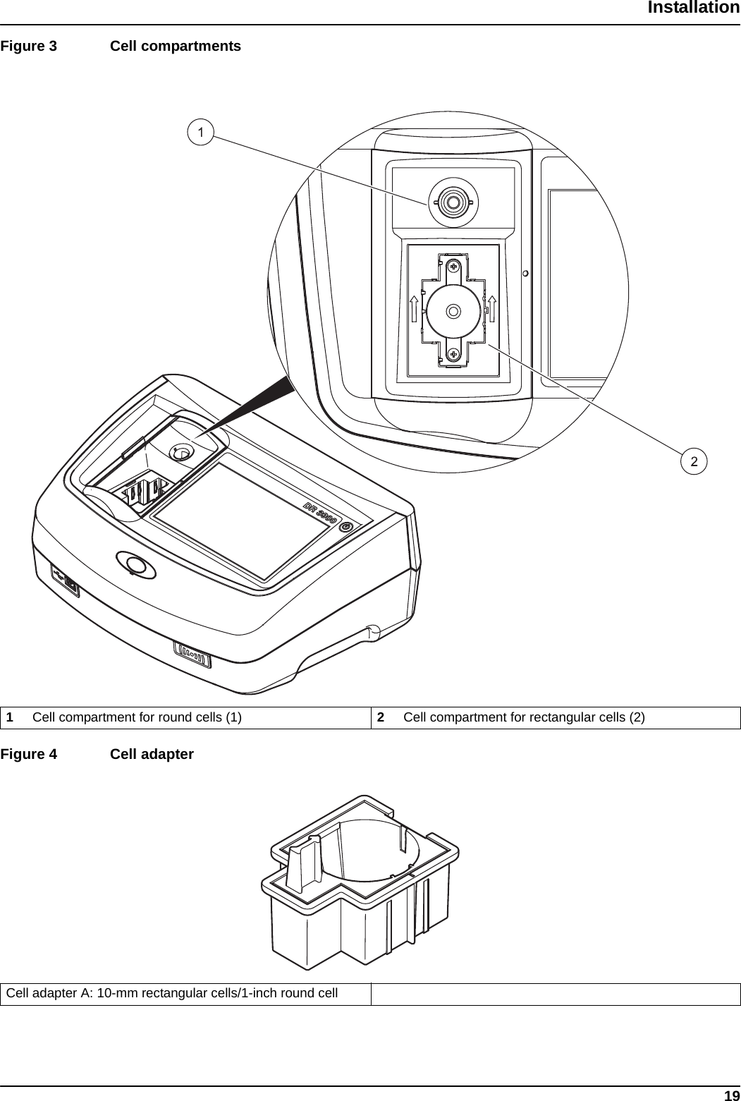 19InstallationFigure 3  Cell compartments  Figure 4  Cell adapter  1Cell compartment for round cells (1) 2Cell compartment for rectangular cells (2)Cell adapter A: 10-mm rectangular cells/1-inch round cell