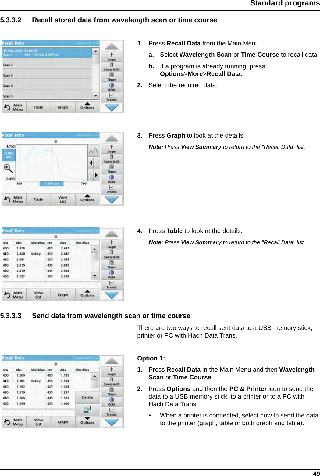 49Standard programs5.3.3.2 Recall stored data from wavelength scan or time course1. Press Recall Data from the Main Menu.a. Select Wavelength Scan or Time Course to recall data.b. If a program is already running, press Options&gt;More&gt;Recall Data.2. Select the required data.3. Press Graph to look at the details.Note: Press View Summary to return to the &quot;Recall Data&quot; list.4. Press Table to look at the details.Note: Press View Summary to return to the &quot;Recall Data&quot; list.5.3.3.3 Send data from wavelength scan or time courseThere are two ways to recall sent data to a USB memory stick, printer or PC with Hach Data Trans.Option 1: 1. Press Recall Data in the Main Menu and then Wavelength Scan or Time Course. 2. Press Options and then the PC &amp; Printer icon to send the data to a USB memory stick, to a printer or to a PC with Hach Data Trans.•When a printer is connected, select how to send the data to the printer (graph, table or both graph and table).