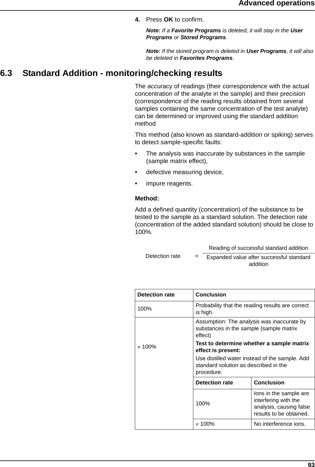 93Advanced operations4. Press OK to confirm.Note: If a Favorite Programs is deleted, it will stay in the User Programs or Stored Programs.Note: If the stored program is deleted in User Programs, it will also be deleted in Favorites Programs.6.3 Standard Addition - monitoring/checking resultsThe accuracy of readings (their correspondence with the actual concentration of the analyte in the sample) and their precision (correspondence of the reading results obtained from several samples containing the same concentration of the test analyte) can be determined or improved using the standard addition methodThis method (also known as standard-addition or spiking) serves to detect sample-specific faults: •The analysis was inaccurate by substances in the sample (sample matrix effect), •defective measuring device, •impure reagents.Method:Add a defined quantity (concentration) of the substance to be tested to the sample as a standard solution. The detection rate (concentration of the added standard solution) should be close to 100%.Detection rate =Reading of successful standard additionExpanded value after successful standard additionDetection rate Conclusion100% Probability that the reading results are correct is high. 100%Assumption: The analysis was inaccurate by substances in the sample (sample matrix effect)Test to determine whether a sample matrix effect is present:Use distilled water instead of the sample. Add standard solution as described in the procedure.Detection rate Conclusion100%Ions in the sample are interfering with the analysis, causing false results to be obtained. 100% No interference ions.