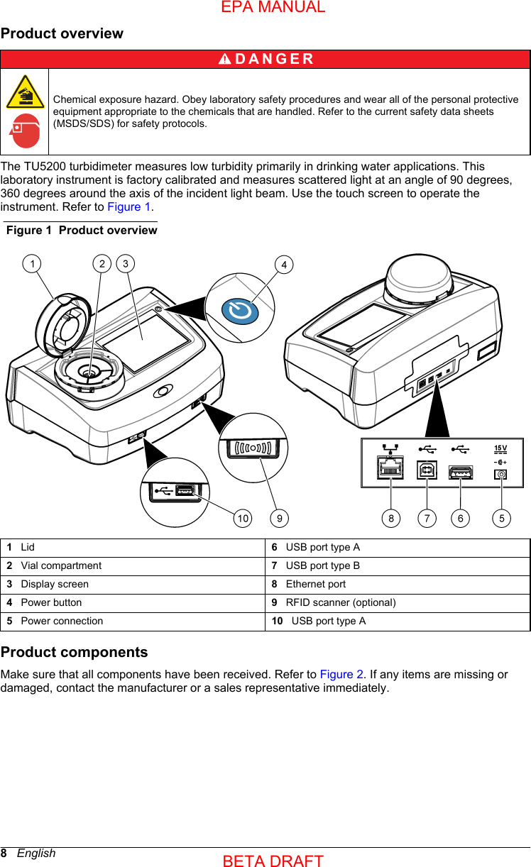 Product overviewD A N G E R Chemical exposure hazard. Obey laboratory safety procedures and wear all of the personal protectiveequipment appropriate to the chemicals that are handled. Refer to the current safety data sheets(MSDS/SDS) for safety protocols.The TU5200 turbidimeter measures low turbidity primarily in drinking water applications. Thislaboratory instrument is factory calibrated and measures scattered light at an angle of 90 degrees,360 degrees around the axis of the incident light beam. Use the touch screen to operate theinstrument. Refer to Figure 1.Figure 1  Product overview1   Lid 6   USB port type A2   Vial compartment 7   USB port type B3   Display screen 8   Ethernet port4   Power button 9   RFID scanner (optional)5   Power connection 10   USB port type AProduct componentsMake sure that all components have been received. Refer to Figure 2. If any items are missing ordamaged, contact the manufacturer or a sales representative immediately.8   EnglishEPA MANUALBETA DRAFT