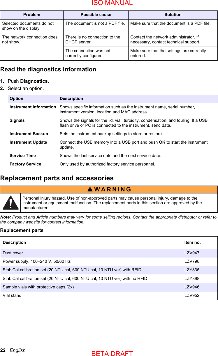 Problem Possible cause SolutionSelected documents do notshow on the display.The document is not a PDF file. Make sure that the document is a PDF file.The network connection doesnot show.There is no connection to theDHCP server.Contact the network administrator. Ifnecessary, contact technical support.The connection was notcorrectly configured.Make sure that the settings are correctlyentered.Read the diagnostics information1. Push Diagnostics.2. Select an option.Option DescriptionInstrument Information Shows specific information such as the instrument name, serial number,instrument version, location and MAC address.Signals Shows the signals for the lid, vial, turbidity, condensation, and fouling. If a USBflash drive or PC is connected to the instrument, send data.Instrument Backup Sets the instrument backup settings to store or restore.Instrument Update Connect the USB memory into a USB port and push OK to start the instrumentupdate.Service Time Shows the last service date and the next service date.Factory Service Only used by authorized factory service personnel.Replacement parts and accessoriesWARNING Personal injury hazard. Use of non-approved parts may cause personal injury, damage to theinstrument or equipment malfunction. The replacement parts in this section are approved by themanufacturer.Note: Product and Article numbers may vary for some selling regions. Contact the appropriate distributor or refer tothe company website for contact information.Replacement partsDescription Item no.Dust cover LZV947 Power supply, 100–240 V, 50/60 Hz LZV798 StablCal calibration set (20 NTU cal, 600 NTU cal, 10 NTU ver) with RFID LZY835 StablCal calibration set (20 NTU cal, 600 NTU cal, 10 NTU ver) with no RFID LZY898 Sample vials with protective caps (2x) LZV946 Vial stand LZV952 22   EnglishISO MANUALBETA DRAFT 