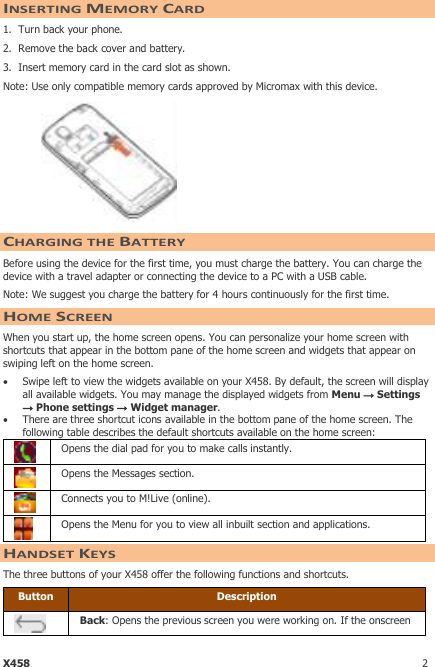 Page 2 of 9 - Micromax X458 User Manual - Guide X458-India-UG