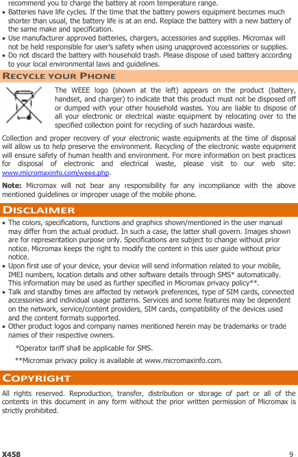 Page 9 of 9 - Micromax X458 User Manual - Guide X458-India-UG