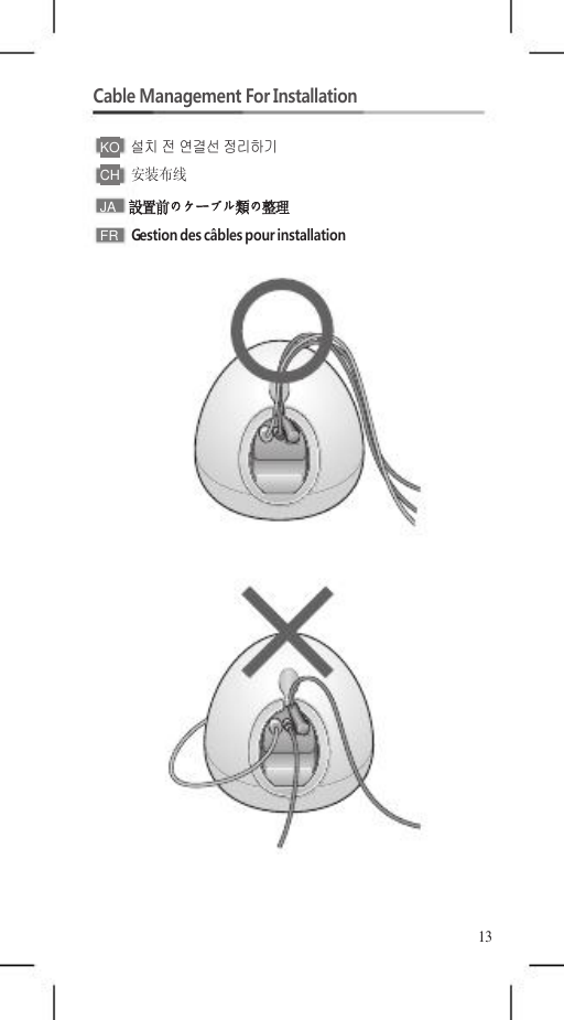    Cable Management For Installation  KO   설치 전 연결선 정리하기 CH   安装布线 JA  設置前のケーブル類の整理 FR  Gestion des câbles pour installation                         13