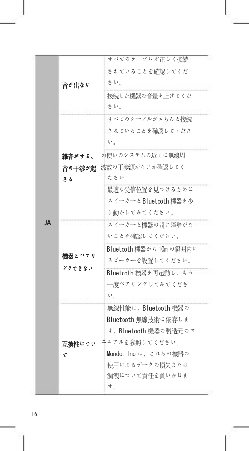     すべてのケーブルが正しく接続 されていることを確認してくだ 音が出ない さい。 接続した機器の音量を上げてくだ さい。 すべてのケーブルがきちんと接続 されていることを確認してくださ い。 雑音がする、   お使いのシステムの近くに無線周 音の干渉が起   波数の干渉源がないか確認してく    JA きる      機器とペアリ ングできない ださい。 最適な受信位置を見つけるために スピーカーと Bluetooth 機器を少 し動かしてみてください。 スピーカーと機器の間に障壁がな いことを確認してください。 Bluetooth 機器から 10m の範囲内に スピーカーを設置してください。 Bluetooth 機器を再起動し、もう 一度ペアリングしてみてくださ い。 無線性能は、Bluetooth 機器の Bluetooth 無線技術に依存しま す。Bluetooth 機器の製造元のマ 互換性につい   ニュアルを参照してください。 て Mondo. Inc は、これらの機器の 使用によるデータの損失または 漏洩について責任を負いかねま す。  16 