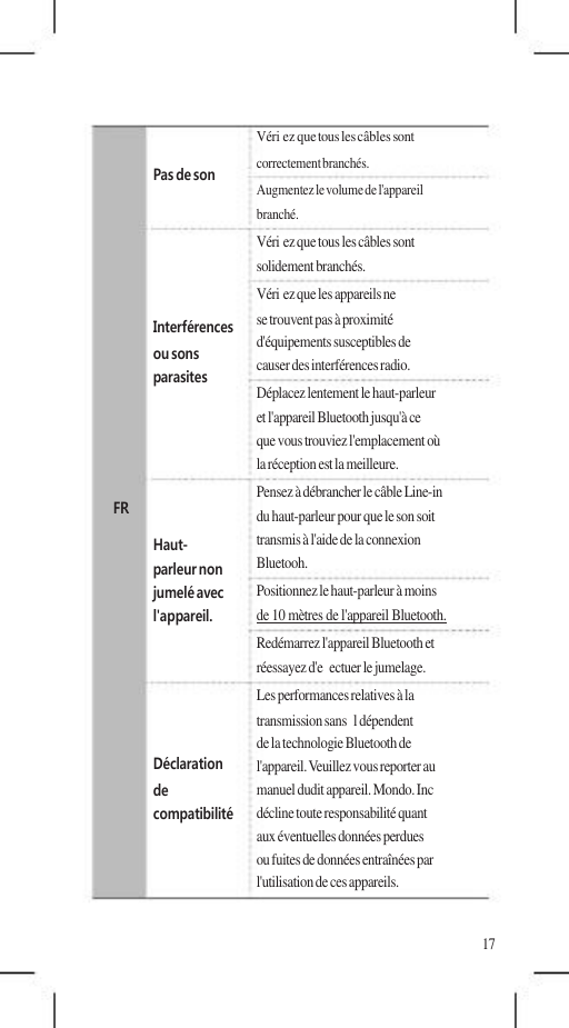     Véri ez que tous les câbles sont             FR Pas de son     Interférences ou sons parasites      Haut- parleur non jumelé avec l&apos;appareil.     Déclaration de compatibilité correctement branchés. Augmentez le volume de l&apos;appareil branché. Véri ez que tous les câbles sont solidement branchés. Véri ez que les appareils ne se trouvent pas à proximité d&apos;équipements susceptibles de causer des interférences radio. Déplacez lentement le haut-parleur et l&apos;appareil Bluetooth jusqu&apos;à ce que vous trouviez l&apos;emplacement où la réception est la meilleure. Pensez à débrancher le câble Line-in du haut-parleur pour que le son soit transmis à l&apos;aide de la connexion Bluetooh. Positionnez le haut-parleur à moins de 10 mètres de l&apos;appareil Bluetooth. Redémarrez l&apos;appareil Bluetooth et réessayez d&apos;e  ectuer le jumelage. Les performances relatives à la transmission sans  l dépendent de la technologie Bluetooth de l&apos;appareil. Veuillez vous reporter au manuel dudit appareil. Mondo. Inc décline toute responsabilité quant aux éventuelles données perdues ou fuites de données entraînées par l&apos;utilisation de ces appareils.  17 