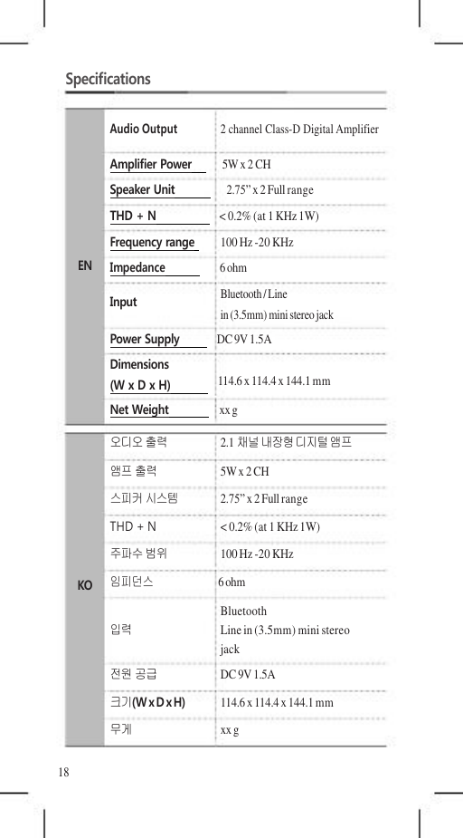 Audio Output 2 channel Class-D Digital Amplifier    Specifications   Amplifier Power     5W x 2 CH Speaker Unit   2.75” x 2 Full range THD + N   &lt; 0.2% (at 1 KHz 1W) Frequency range    100 Hz -20 KHz EN Impedance          6 ohm Input Bluetooth / Line in (3.5mm) mini stereo jack Power Supply   DC 9V 1.5A Dimensions (W x D x H)   114.6 x 114.4 x 144.1 mm Net Weight   xx g 오디오 출력 2.1채널 내장형 디지털 앰프 앰프 출력 5W x 2 CH 스피커 시스템 2.75” x 2 Full range THD + N &lt; 0.2% (at 1 KHz 1W) 주파수 범위 100 Hz -20 KHz KO 임피던스             6 ohm Bluetooth 입력 Line in (3.5mm) mini stereo jack 전원 공급 DC 9V 1.5A 크기(W x D x H) 114.6 x 114.4 x 144.1 mm 무게 xx g  18 
