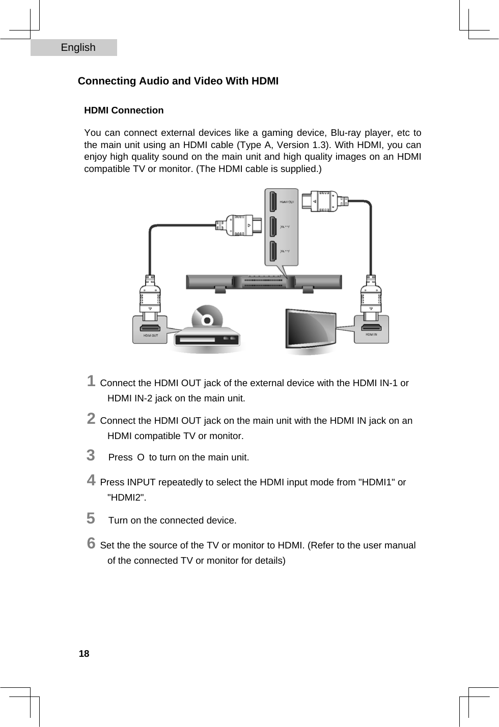 English   Connecting Audio and Video With HDMI  HDMI Connection  You can connect external devices like a gaming device, Blu-ray player, etc to the main unit using an HDMI cable (Type A, Version 1.3). With HDMI, you can enjoy high quality sound on the main unit and high quality images on an HDMI compatible TV or monitor. (The HDMI cable is supplied.)     )%.* */  )%.* */            1 Connect the HDMI OUT jack of the external device with the HDMI IN-1 or HDMI IN-2 jack on the main unit.  2 Connect the HDMI OUT jack on the main unit with the HDMI IN jack on an HDMI compatible TV or monitor.  3   Press O to turn on the main unit.  4 Press INPUT repeatedly to select the HDMI input mode from &quot;HDMI1&quot; or &quot;HDMI2&quot;.  5   Turn on the connected device.  6 Set the the source of the TV or monitor to HDMI. (Refer to the user manual of the connected TV or monitor for details)        18  