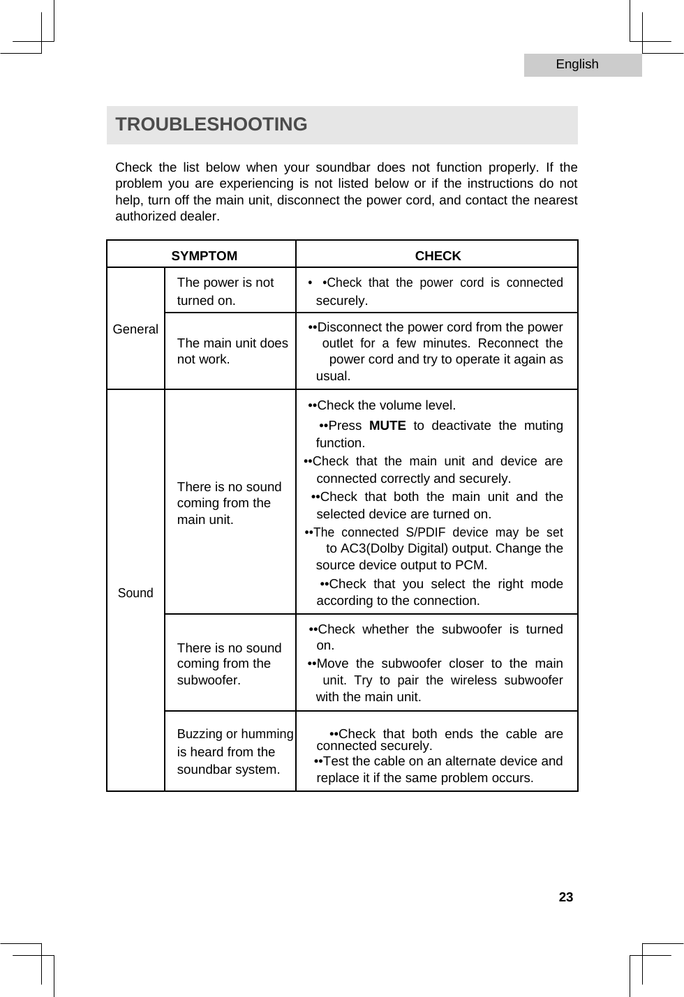 English   TROUBLESHOOTING  Check the list below when your soundbar does not function properly. If the problem you are experiencing is not listed below or if the instructions do not help, turn off the main unit, disconnect the power cord, and contact the nearest authorized dealer.  SYMPTOM  CHECK        The power is not ••Check  that  the  power  cord  is  connected   turned on.  securely.        ••Disconnect the power cord from the power  General    The main unit does  outlet  for  a  few  minutes.  Reconnect  the   not work.  power cord and try to operate it again as      usual.          ••Check the volume level.     ••Press  MUTE  to  deactivate  the  muting      function.    ••Check  that  the  main  unit  and  device  are    connected correctly and securely.   There is no sound   ••Check  that  both  the  main  unit  and  the   coming from the     selected device are turned on.   main unit.    ••The  connected  S/PDIF  device  may  be  set      to AC3(Dolby Digital) output. Change the      source device output to PCM.   ••Check  that  you  select  the  right  mode  Sound         according to the connection.          ••Check  whether  the  subwoofer  is  turned    on.   There is no sound      coming from the ••Move  the  subwoofer  closer  to  the  main   subwoofer.  unit.  Try  to  pair  the  wireless  subwoofer      with the main unit.        Buzzing or humming••Check  that  both  ends  the  cable  are    connected securely.   is heard from the   ••Test the cable on an alternate device and   soundbar system.       replace it if the same problem occurs.               23  