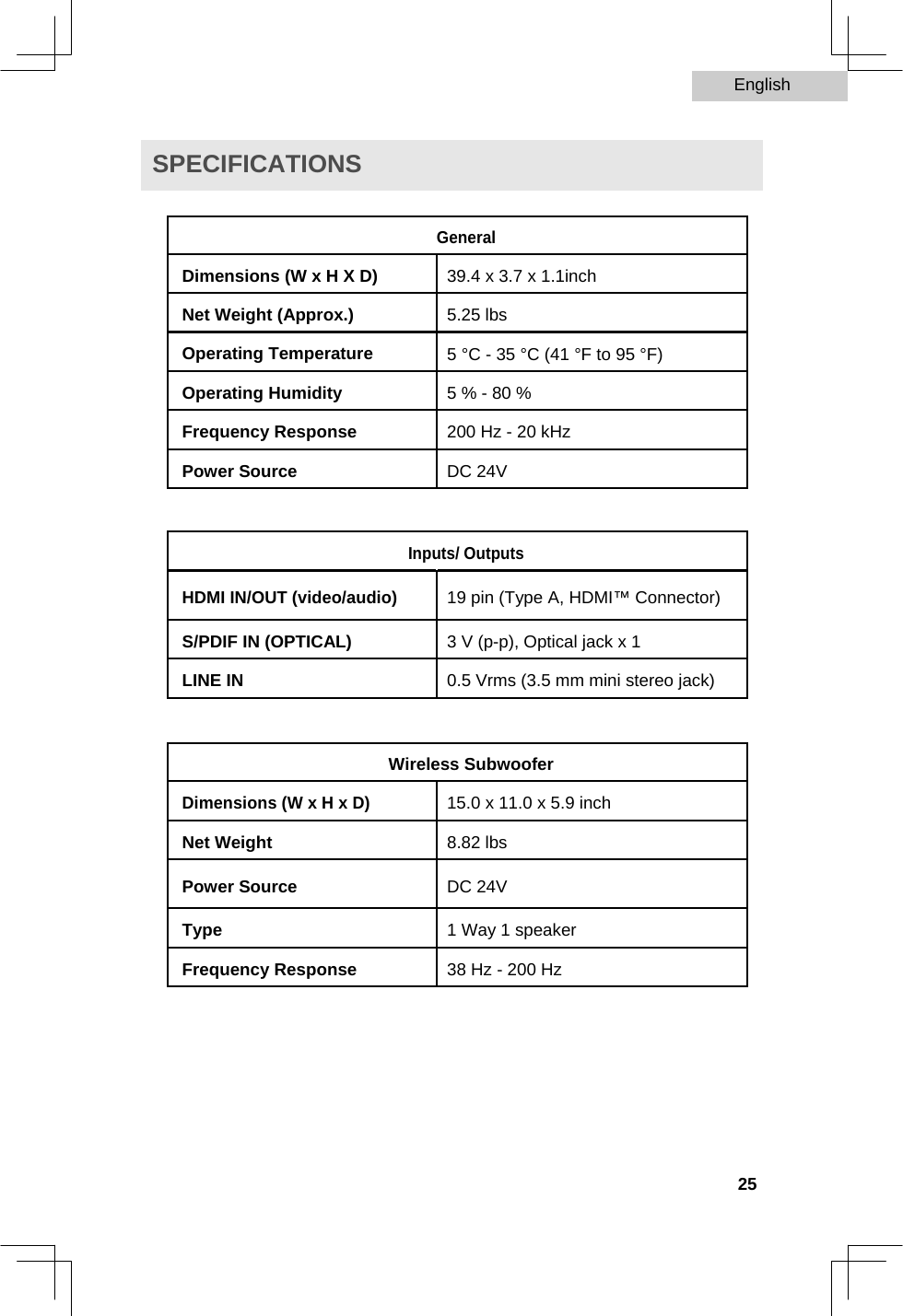 English   SPECIFICATIONS   General    Dimensions (W x H X D)  39.4 x 3.7 x 1.1inch    Net Weight (Approx.)  5.25 lbs    Operating Temperature  5 °C - 35 °C (41 °F to 95 °F)    Operating Humidity  5 % - 80 %    Frequency Response  200 Hz - 20 kHz    Power Source  DC 24V       Inputs/ Outputs    HDMI IN/OUT (video/audio) 19 pin (Type A, HDMI™ Connector)    S/PDIF IN (OPTICAL)  3 V (p-p), Optical jack x 1    LINE IN  0.5 Vrms (3.5 mm mini stereo jack)       Wireless Subwoofer    Dimensions (W x H x D) 15.0 x 11.0 x 5.9 inch    Net Weight  8.82 lbs    Power Source  DC 24V    Type  1 Way 1 speaker    Frequency Response  38 Hz - 200 Hz              25  