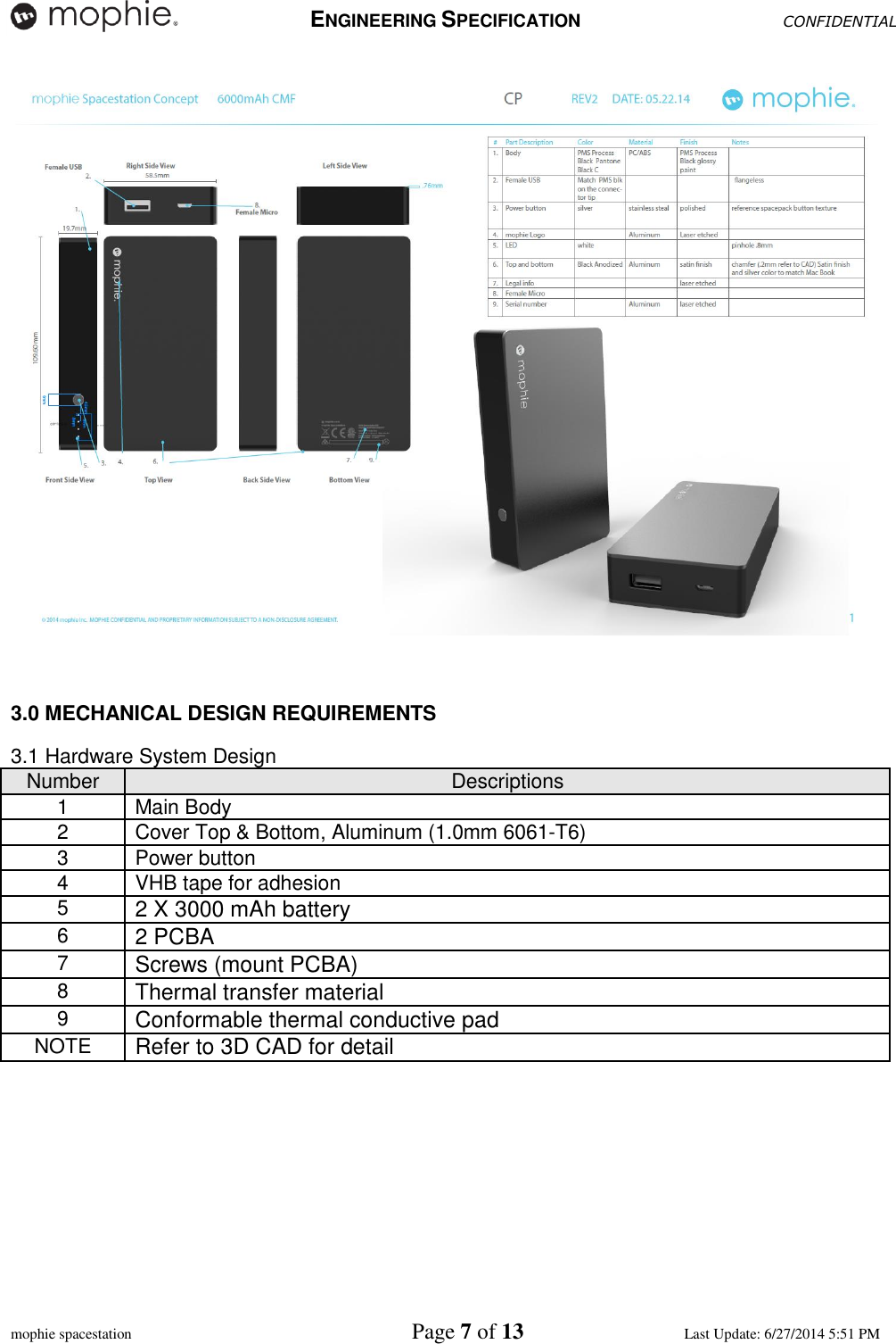   ENGINEERING SPECIFICATION CONFIDENTIAL  mophie spacestation    Page 7 of 13 Last Update: 6/27/2014 5:51 PM    3.0 MECHANICAL DESIGN REQUIREMENTS 3.1 Hardware System Design  Number Descriptions 1 Main Body 2 Cover Top &amp; Bottom, Aluminum (1.0mm 6061-T6) 3 Power button 4 VHB tape for adhesion 5 2 X 3000 mAh battery 6 2 PCBA  7 Screws (mount PCBA) 8 Thermal transfer material 9 Conformable thermal conductive pad NOTE Refer to 3D CAD for detail     