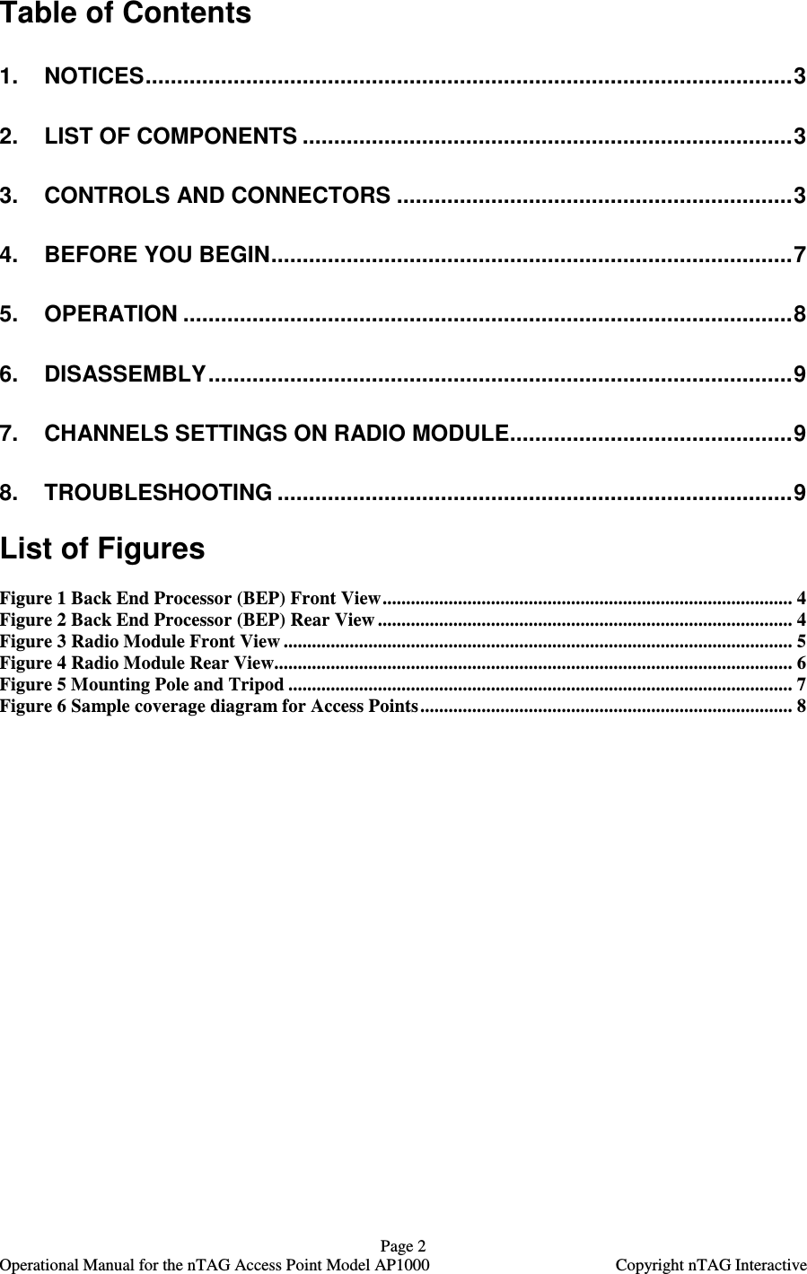  Page 2   Operational Manual for the nTAG Access Point Model AP1000  Copyright nTAG Interactive Table of Contents 1. NOTICES.......................................................................................................3 2. LIST OF COMPONENTS ..............................................................................3 3. CONTROLS AND CONNECTORS ...............................................................3 4. BEFORE YOU BEGIN...................................................................................7 5. OPERATION .................................................................................................8 6. DISASSEMBLY.............................................................................................9 7. CHANNELS SETTINGS ON RADIO MODULE.............................................9 8. TROUBLESHOOTING ..................................................................................9  List of Figures   Figure 1 Back End Processor (BEP) Front View....................................................................................... 4 Figure 2 Back End Processor (BEP) Rear View ........................................................................................ 4 Figure 3 Radio Module Front View ............................................................................................................ 5 Figure 4 Radio Module Rear View.............................................................................................................. 6 Figure 5 Mounting Pole and Tripod ........................................................................................................... 7 Figure 6 Sample coverage diagram for Access Points............................................................................... 8 