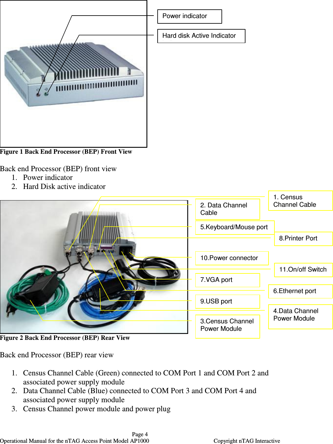   Page 4   Operational Manual for the nTAG Access Point Model AP1000  Copyright nTAG Interactive  Figure 1 Back End Processor (BEP) Front View  Back end Processor (BEP) front view 1. Power indicator 2. Hard Disk active indicator   Figure 2 Back End Processor (BEP) Rear View  Back end Processor (BEP) rear view  1. Census Channel Cable (Green) connected to COM Port 1 and COM Port 2 and associated power supply module 2. Data Channel Cable (Blue) connected to COM Port 3 and COM Port 4 and associated power supply module 3. Census Channel power module and power plug Power indicator  Hard disk Active Indicator indicator 1. Census Channel Cable 2. Data Channel Cable  5.Keyboard/Mouse port indicator 8.Printer Port 10.Power connector  11.On/off Switch  7.VGA port 6.Ethernet port  3.Census Channel Power Module 4.Data Channel Power Module  9.USB port 
