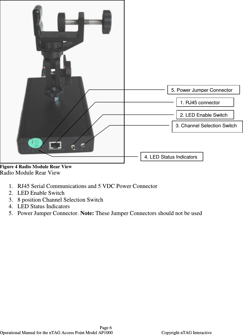   Page 6   Operational Manual for the nTAG Access Point Model AP1000  Copyright nTAG Interactive  Figure 4 Radio Module Rear View Radio Module Rear View  1. RJ45 Serial Communications and 5 VDC Power Connector  2. LED Enable Switch  3. 8 position Channel Selection Switch  4. LED Status Indicators 5. Power Jumper Connector. Note: These Jumper Connectors should not be used  2. LED Enable Switch 3. Channel Selection Switch 1. RJ45 connector 5. Power Jumper Connector 4. LED Status Indicators 