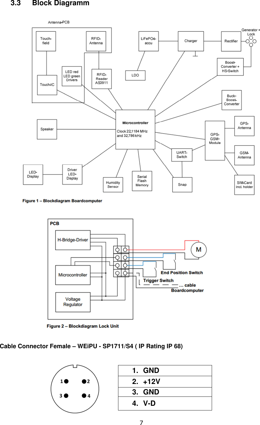   7  3.3  Block Diagramm     Cable Connector Female – WEiPU - SP1711/S4 ( IP Rating IP 68)                             1.  GND 2.  +12V 3.  GND 4.  V-D 