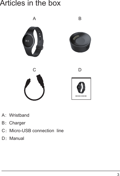 Articles in the boxA：WristbandB：ChargerC：Micro-USB connection  lineD：Manual A BC D3