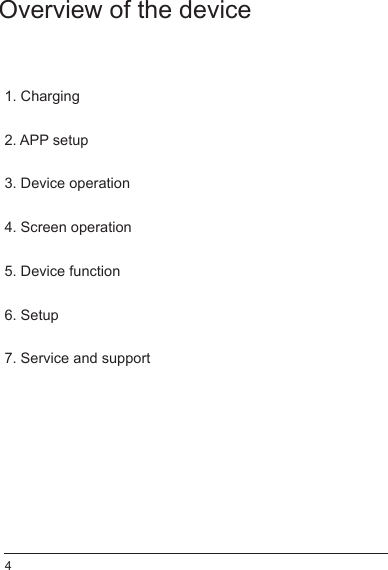 4Overview of the device1. Charging2. APP setup3. Device operation 4. Screen operation5. Device function6. Setup7. Service and support
