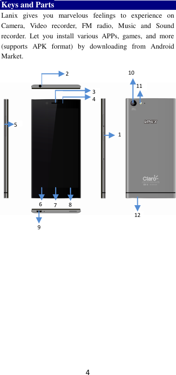 4 Keys and Parts Lanix  gives  you  marvelous  feelings  to  experience  on Camera,  Video  recorder,  FM  radio,  Music  and  Sound recorder.  Let  you  install  various  APPs,  games,  and  more (supports  APK  format)  by  downloading  from  Android Market.                                           2  1 10 12 3 4 11 5   9 6 7 8 
