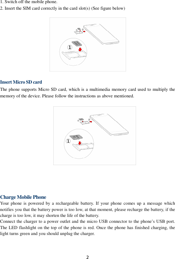 2 1. Switch off the mobile phone. 2. Insert the SIM card correctly in the card slot(s) (See figure below)    Insert Micro SD card The phone supports Micro SD card, which is a multimedia memory card used to multiply the memory of the device. Please follow the instructions as above mentioned.     Charge Mobile Phone Your phone  is  powered  by  a  rechargeable battery.  If your phone  comes up  a  message which notifies you that the battery power is too low, at that moment, please recharge the battery, if the charge is too low, it may shorten the life of the battery. Connect the charger to a power outlet and the micro USB connector to the phone’s USB port. The LED flashlight on the top of the phone is red. Once the phone has finished charging, the light turns green and you should unplug the charger.  