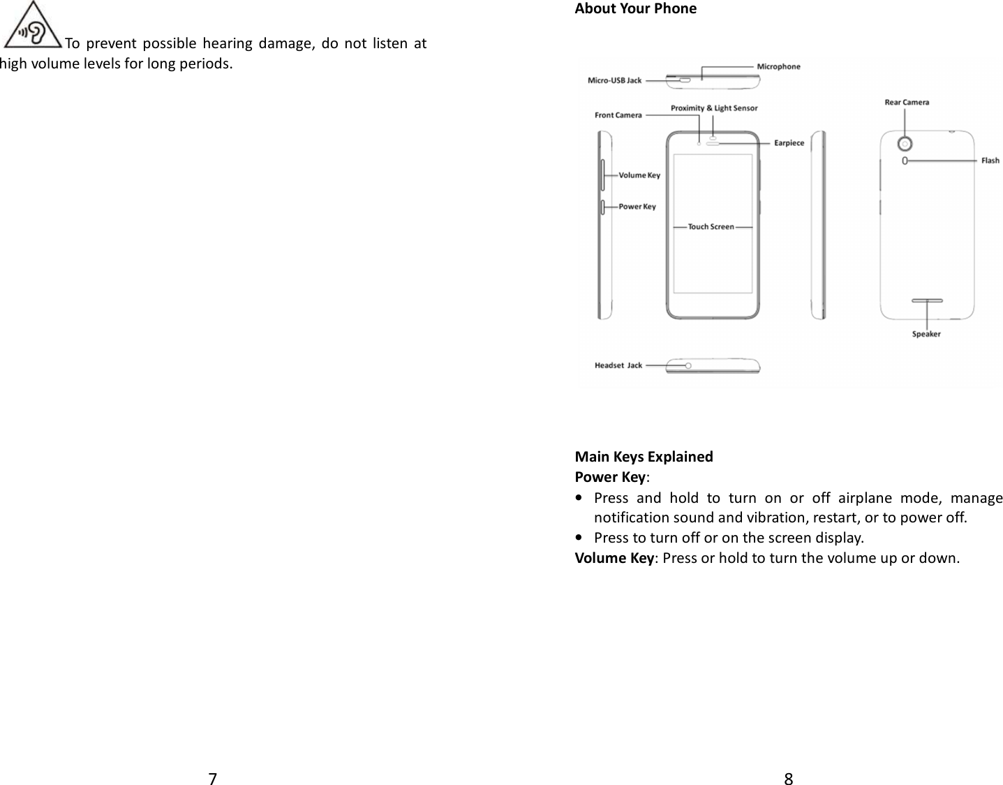7  To  prevent  possible  hearing  damage,  do  not  listen  at high volume levels for long periods.                                     8  About Your Phone       Main Keys Explained Power Key:   • Press  and  hold  to  turn  on  or  off  airplane  mode,  manage notification sound and vibration, restart, or to power off. • Press to turn off or on the screen display. Volume Key: Press or hold to turn the volume up or down.           