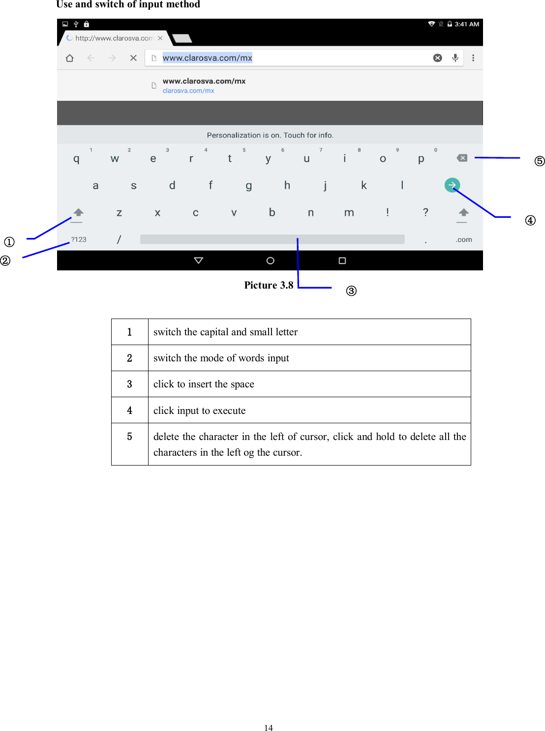 14Use and switch of input methodPicture 3.81switch the capital and small letter2switch the mode of words input3click to insert the space4click input to execute5delete the character in the left of cursor, click and hold to delete all thecharacters in the left og the cursor.①②③⑤④