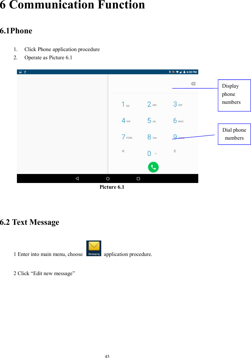 456 Communication Function6.1Phone1. Click Phone application procedure2. Operate as Picture 6.1Picture 6.16.2 Text Message1 Enter into main menu, choose application procedure.2 Click “Edit new message”DisplayphonenumbersDial phonenumbers