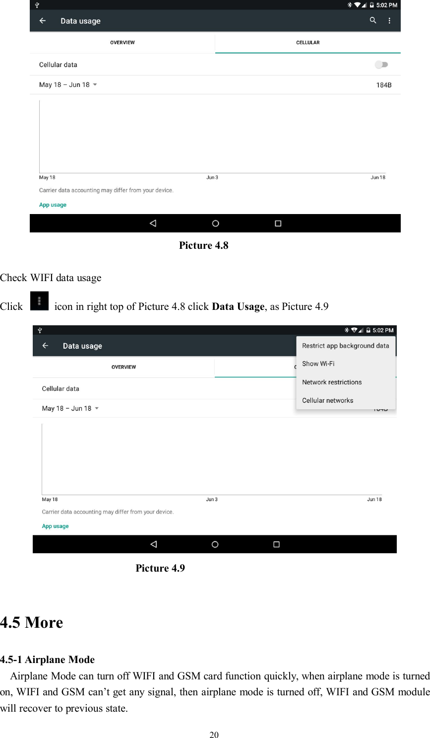 20Picture 4.8Check WIFI data usageClick icon in right top of Picture 4.8 click Data Usage, as Picture 4.9Picture 4.94.5 More4.5-1 Airplane ModeAirplane Mode can turn off WIFI and GSM card function quickly, when airplane mode is turnedon, WIFI and GSM can’t get any signal, then airplane mode is turned off, WIFI and GSM modulewill recover to previous state.