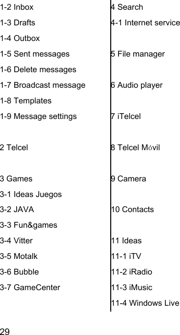  29  1-2 Inbox 1-3 Drafts 1-4 Outbox 1-5 Sent messages 1-6 Delete messages 1-7 Broadcast message 1-8 Templates 1-9 Message settings  2 Telcel  3 Games 3-1 Ideas Juegos 3-2 JAVA 3-3 Fun&amp;games 3-4 Vitter 3-5 Motalk 3-6 Bubble 3-7 GameCenter  4 Search 4-1 Internet service  5 File manager  6 Audio player  7 iTelcel  8 Telcel Móvil  9 Camera  10 Contacts  11 Ideas 11-1 iTV 11-2 iRadio 11-3 iMusic 11-4 Windows Live 