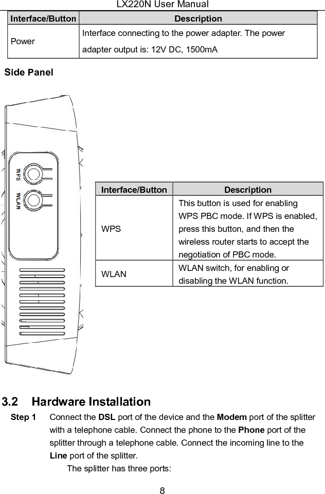 LX220N User Manual 8 Interface/Button Description Power Interface connecting to the power adapter. The power adapter output is: 12V DC, 1500mA Side Panel  Interface/Button Description WPS This button is used for enabling WPS PBC mode. If WPS is enabled, press this button, and then the wireless router starts to accept the negotiation of PBC mode. WLAN  WLAN switch, for enabling or disabling the WLAN function.  3.2    Hardware Installation Step 1  Connect the DSL port of the device and the Modem port of the splitter with a telephone cable. Connect the phone to the Phone port of the splitter through a telephone cable. Connect the incoming line to the Line port of the splitter. The splitter has three ports: 