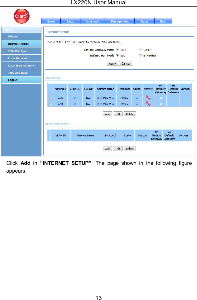 LX220N User Manual 13  Click  Add  in  “INTERNET  SETUP”.  The  page  shown  in  the  following  figure appears. 