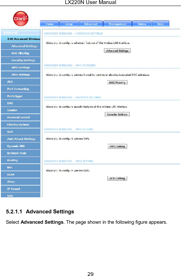 LX220N User Manual 29  5.2.1.1  Advanced Settings Select Advanced Settings. The page shown in the following figure appears. 