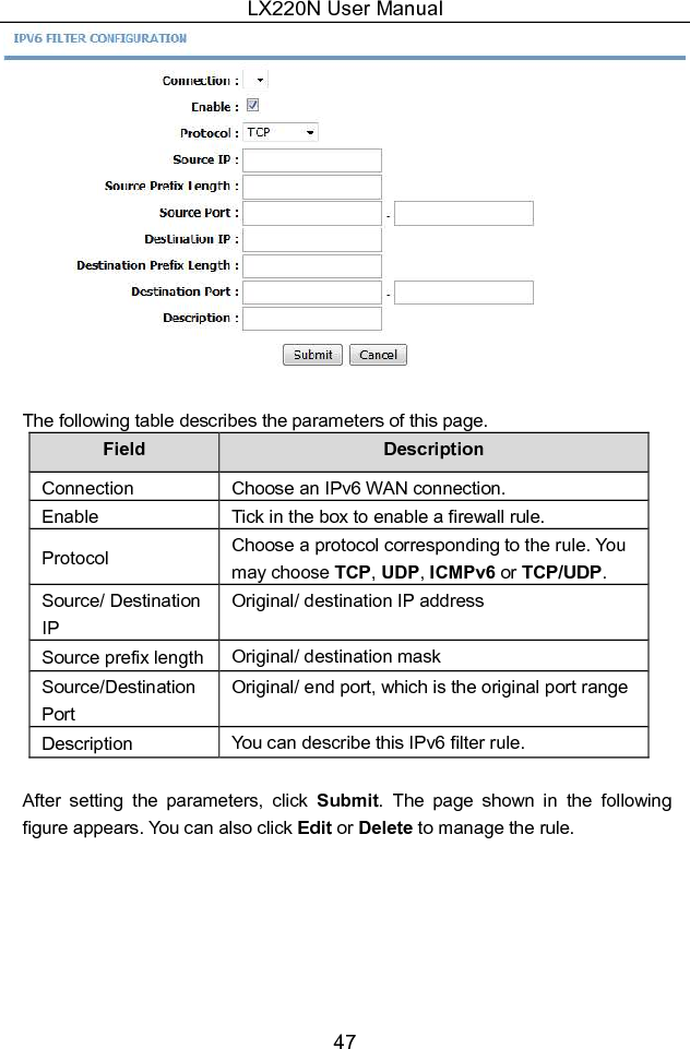 LX220N User Manual 47   The following table describes the parameters of this page. Field  Description Connection  Choose an IPv6 WAN connection. Enable  Tick in the box to enable a firewall rule. Protocol  Choose a protocol corresponding to the rule. You may choose TCP, UDP, ICMPv6 or TCP/UDP.   Source/ Destination IP Original/ destination IP address Source prefix length Original/ destination mask Source/Destination Port Original/ end port, which is the original port range  Description  You can describe this IPv6 filter rule.  After  setting  the  parameters,  click  Submit.  The  page  shown  in  the  following figure appears. You can also click Edit or Delete to manage the rule. 