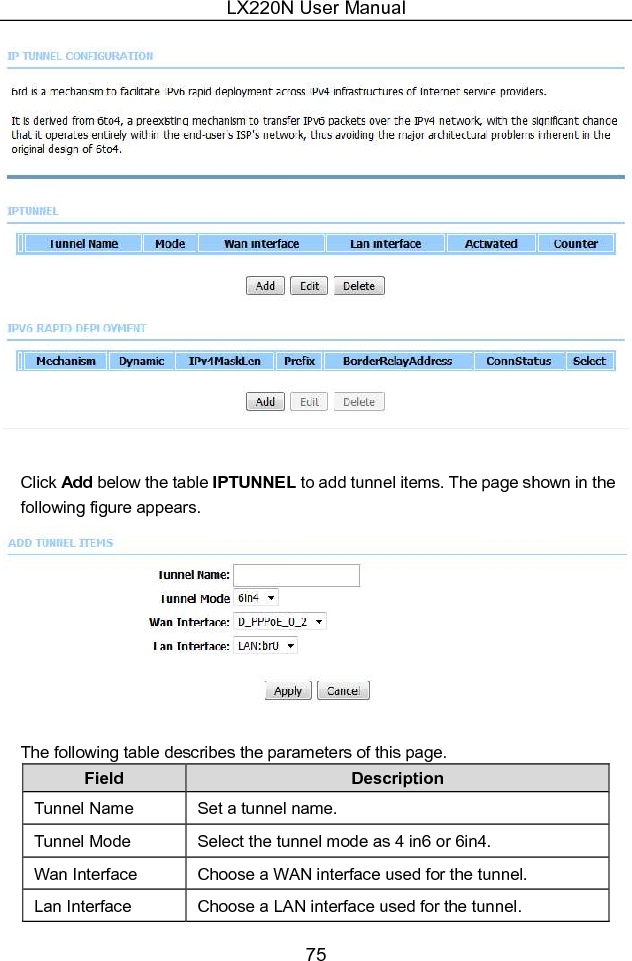 LX220N User Manual 75   Click Add below the table IPTUNNEL to add tunnel items. The page shown in the following figure appears.   The following table describes the parameters of this page. Field  Description Tunnel Name  Set a tunnel name. Tunnel Mode  Select the tunnel mode as 4 in6 or 6in4. Wan Interface  Choose a WAN interface used for the tunnel. Lan Interface  Choose a LAN interface used for the tunnel. 