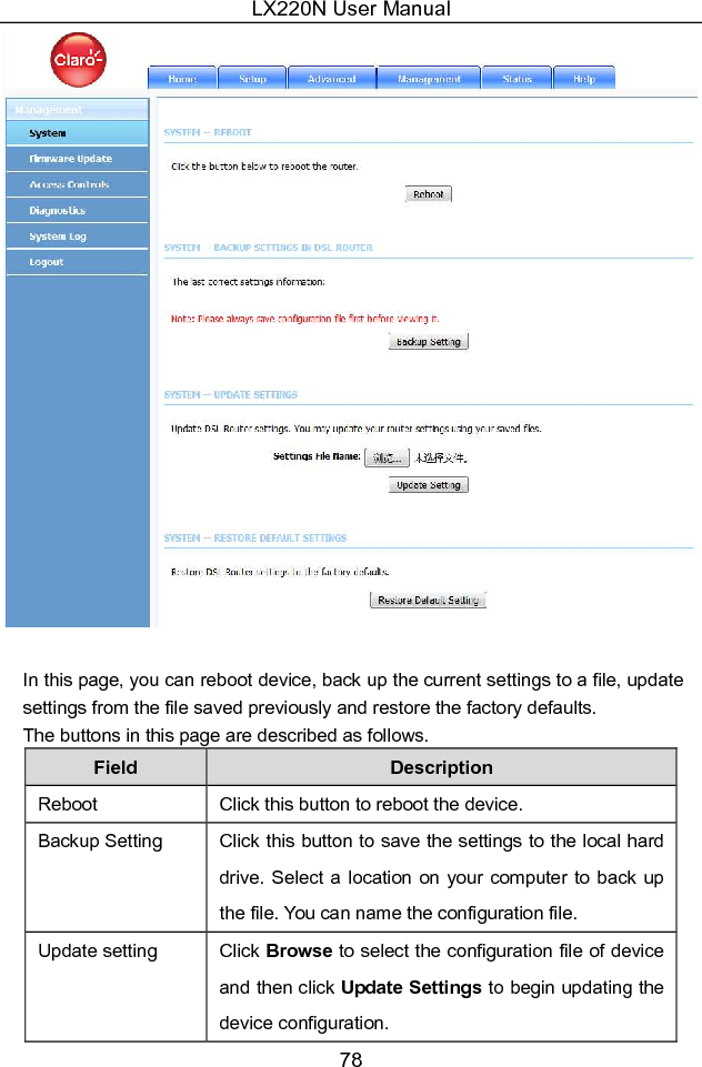 LX220N User Manual 78   In this page, you can reboot device, back up the current settings to a file, update settings from the file saved previously and restore the factory defaults. The buttons in this page are described as follows. Field  Description Reboot  Click this button to reboot the device. Backup Setting  Click this button to save the settings to the local hard drive. Select a location on your computer to back up the file. You can name the configuration file. Update setting  Click Browse to select the configuration file of device and then click Update Settings to begin updating the device configuration. 