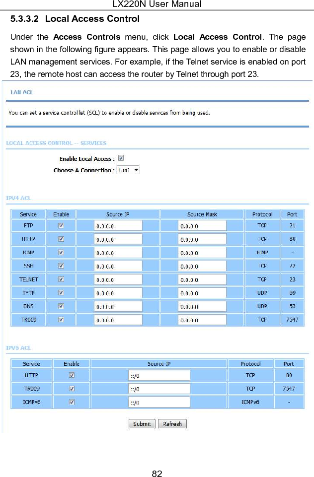 LX220N User Manual 82 5.3.3.2  Local Access Control Under  the  Access  Controls  menu,  click  Local  Access  Control.  The  page shown in the following figure appears. This page allows you to enable or disable LAN management services. For example, if the Telnet service is enabled on port 23, the remote host can access the router by Telnet through port 23.    