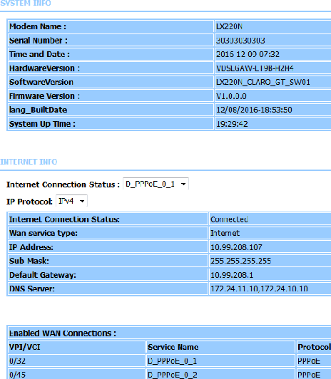 LX220N User Manual 88 Clients, LAN Clients, Monitor, Stream Rate, Logs, Statistics, Route Info and Logout. You can view the system information and monitor performance. 5.4.1  Device Info Choose Status &gt; Device Info. The page shown in the following figure appears.   