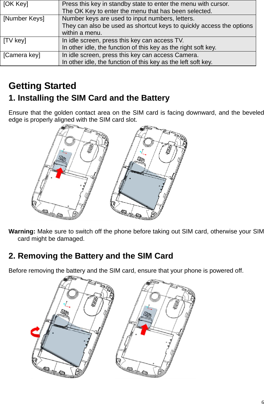    6[OK Key]  Press this key in standby state to enter the menu with cursor. The OK Key to enter the menu that has been selected. [Number Keys]  Number keys are used to input numbers, letters. They can also be used as shortcut keys to quickly access the options within a menu. [TV key]  In idle screen, press this key can access TV. In other idle, the function of this key as the right soft key. [Camera key]  In idle screen, press this key can access Camera. In other idle, the function of this key as the left soft key.  Getting Started 1. Installing the SIM Card and the Battery Ensure that the golden contact area on the SIM card is facing downward, and the beveled edge is properly aligned with the SIM card slot.              Warning: Make sure to switch off the phone before taking out SIM card, otherwise your SIM card might be damaged.  2. Removing the Battery and the SIM Card Before removing the battery and the SIM card, ensure that your phone is powered off.          