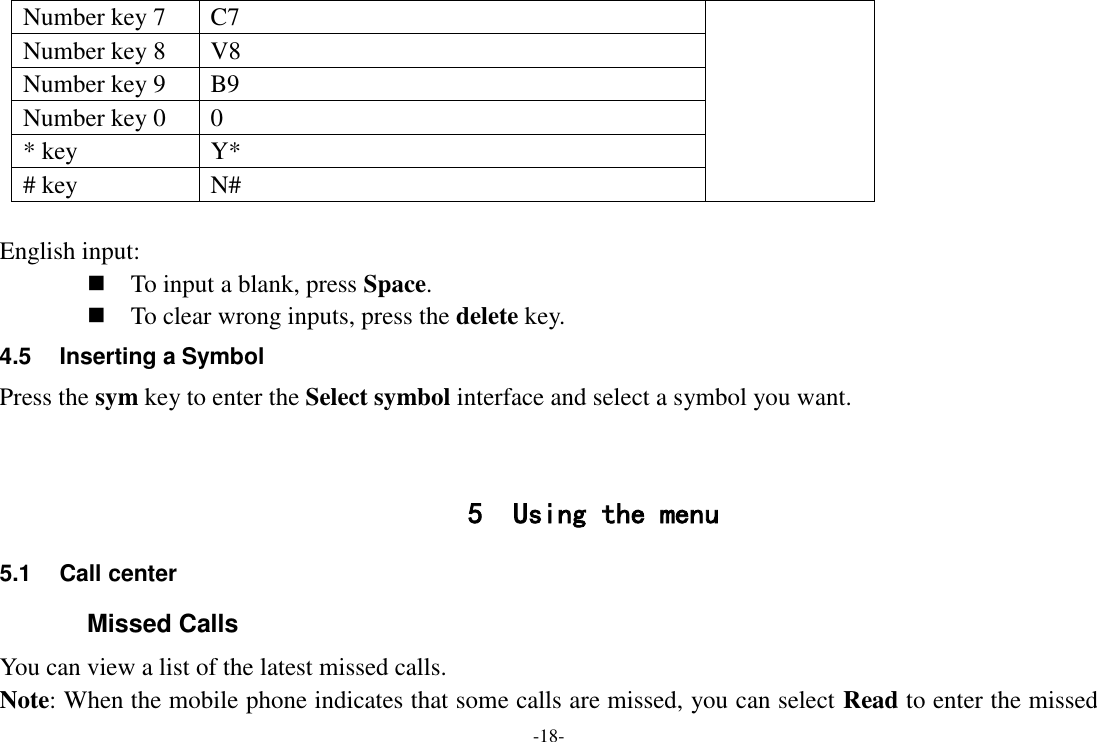 -18- Number key 7 C7 Number key 8 V8 Number key 9 B9 Number key 0 0   * key Y*   # key N#  English input:  To input a blank, press Space.  To clear wrong inputs, press the delete key. 4.5  Inserting a Symbol Press the sym key to enter the Select symbol interface and select a symbol you want.   5 Using the menu 5.1  Call center Missed Calls You can view a list of the latest missed calls. Note: When the mobile phone indicates that some calls are missed, you can select Read to enter the missed 