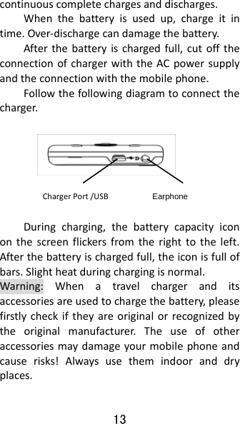 13 Earphone continuouscompletechargesanddischarges.Whenthebatteryisusedup,chargeitintime.Over‐dischargecandamagethebattery.Afterthebatteryischargedfull,cutofftheconnectionofchargerwiththeACpowersupplyandtheconnectionwiththemobilephone.Followthefollowingdiagramtoconnectthecharger.Duringcharging,thebatterycapacityicononthescreenflickersfromtherighttotheleft.Afterthebatteryischargedfull,theiconisfullofbars.Slightheatduringchargingisnormal.Warning:Whenatravelchargeranditsaccessoriesareusedtochargethebattery,pleasefirstlycheckiftheyareoriginalorrecognizedbytheoriginalmanufacturer.Theuseofotheraccessoriesmaydamageyourmobilephoneandcauserisks!Alwaysusethemindooranddryplaces.ChargerPort/USB