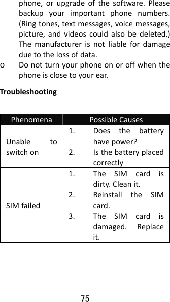 75 phone,orupgradeofthesoftware.Pleasebackupyourimportantphonenumbers.(Ringtones,textmessages,voicemessages,picture,andvideoscouldalsobedeleted.)Themanufacturerisnotliablefordamageduetothelossofdata.o Donotturnyourphoneonoroffwhenthephoneisclosetoyourear.TroubleshootingPhenomena PossibleCausesUnabletoswitchon1. Doesthebatteryhavepower?2. IsthebatteryplacedcorrectlySIMfailed1. TheSIMcardisdirty.Cleanit.2. ReinstalltheSIMcard.3. TheSIMcardisdamaged.Replaceit.